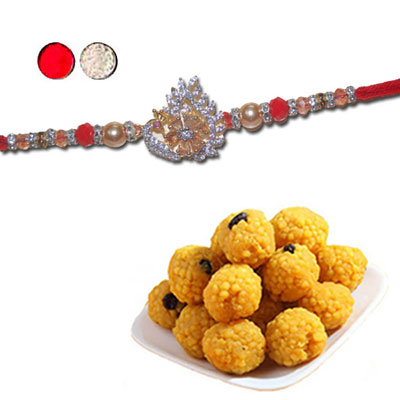 "AMERICAN DIAMOND (AD) RAKHIS -AD 4120 A (Single Rakhi), 500gms of Laddu - Click here to View more details about this Product